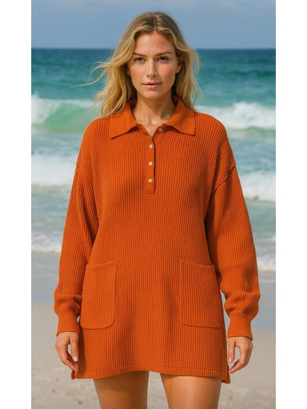 Free People Picnic Tunic‎ Sweater Womens M Orange Ribbed Knit
